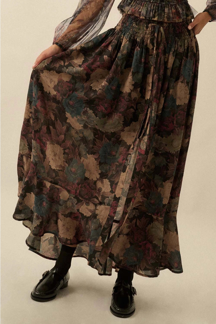 Floral-Print Drawstring Button-Front Maxi Skirt