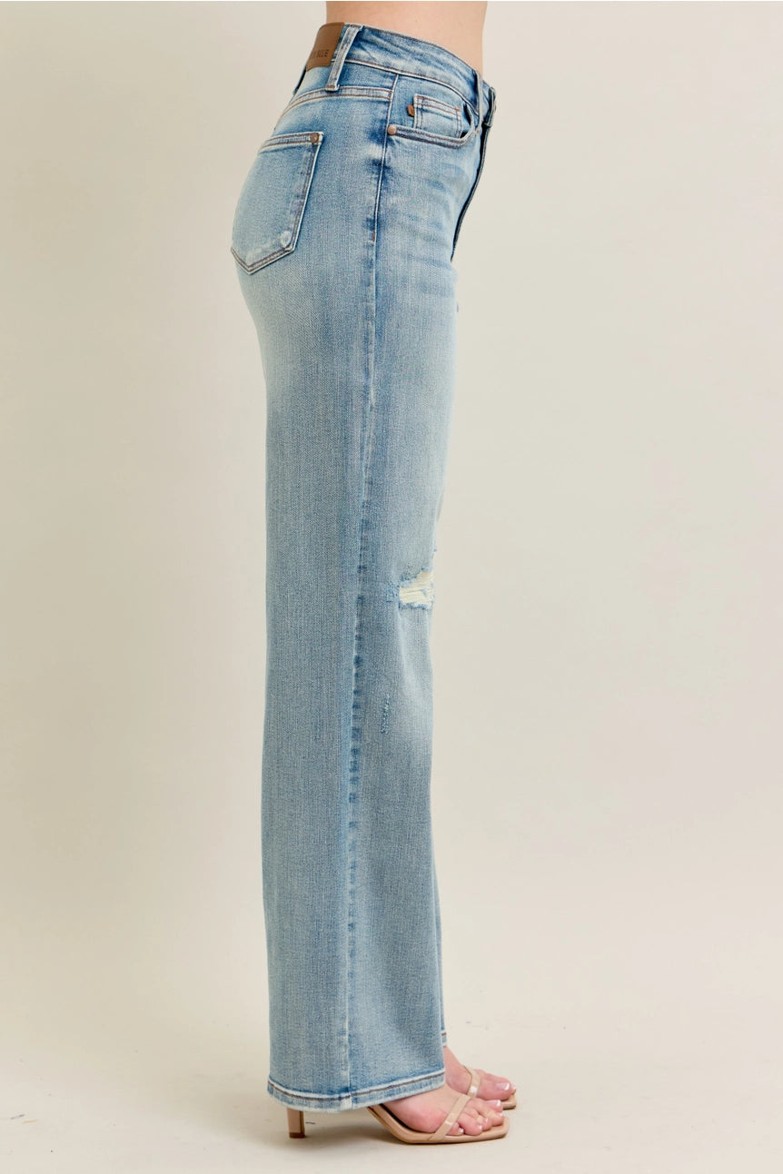 High Waisted Distressed & Knee Patch Straight Jeans