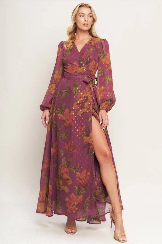 Dark Mauve Textured Floral Wrap Maxi Dress