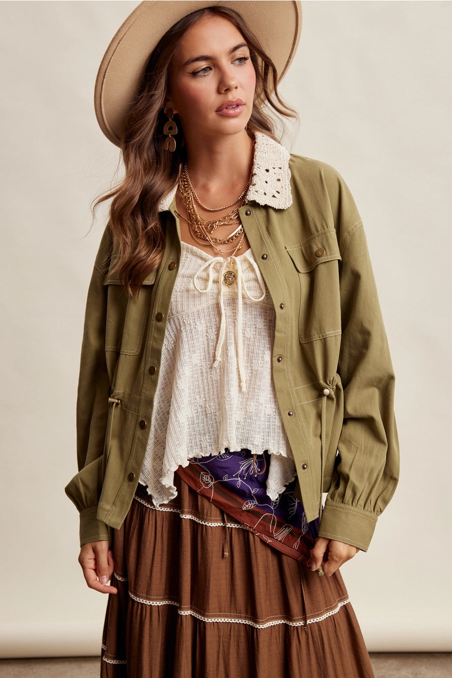 Olive Crochet Collar Utility Jacket