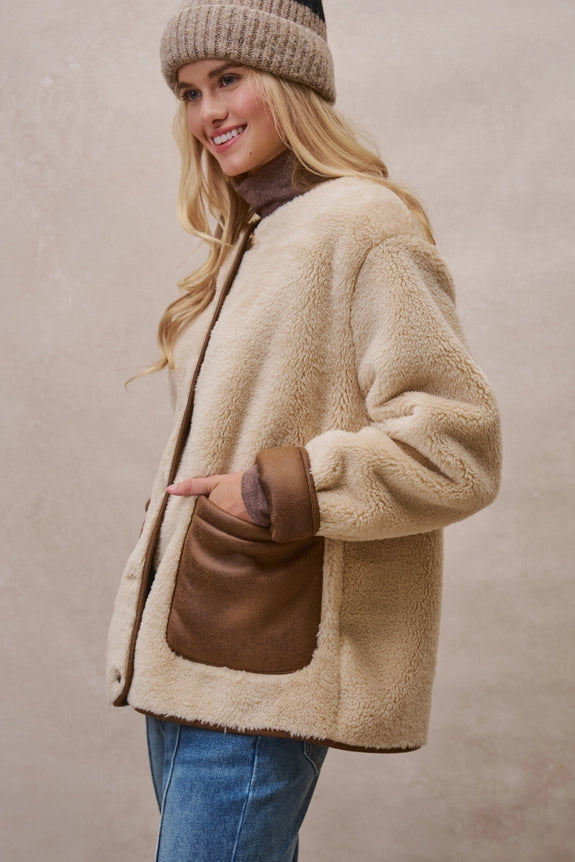 Faux Shearling Jacket with Suede Pockets