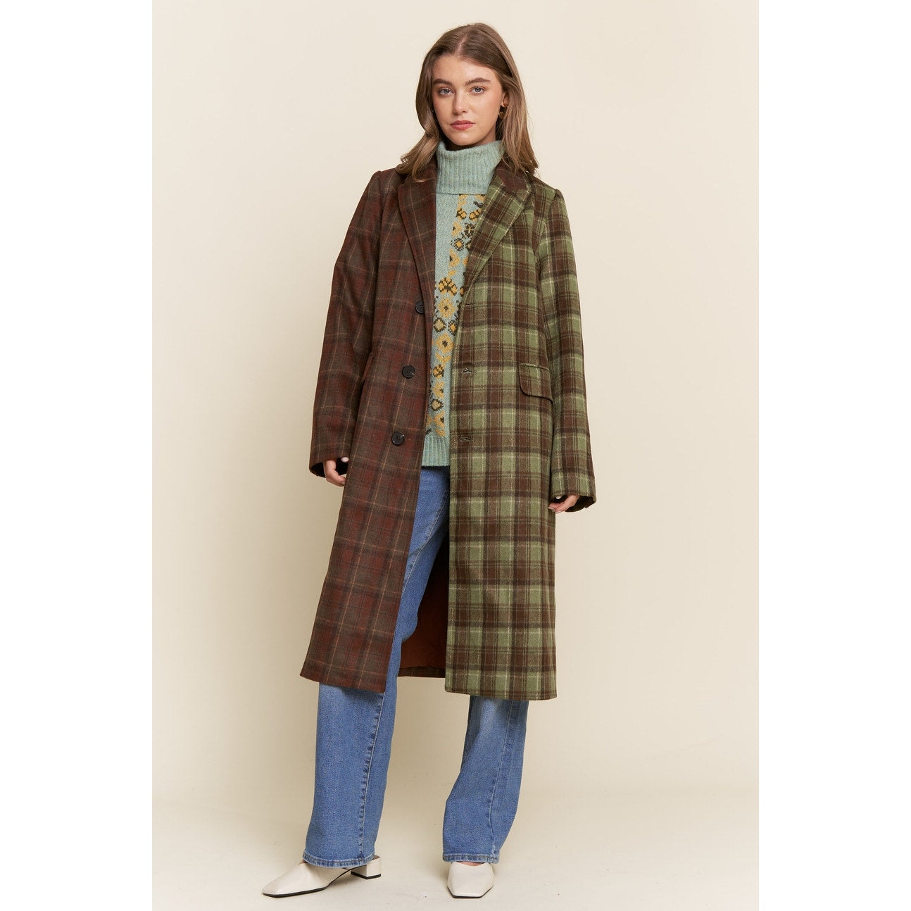 Plaid Two-Tone Midi Length Coat