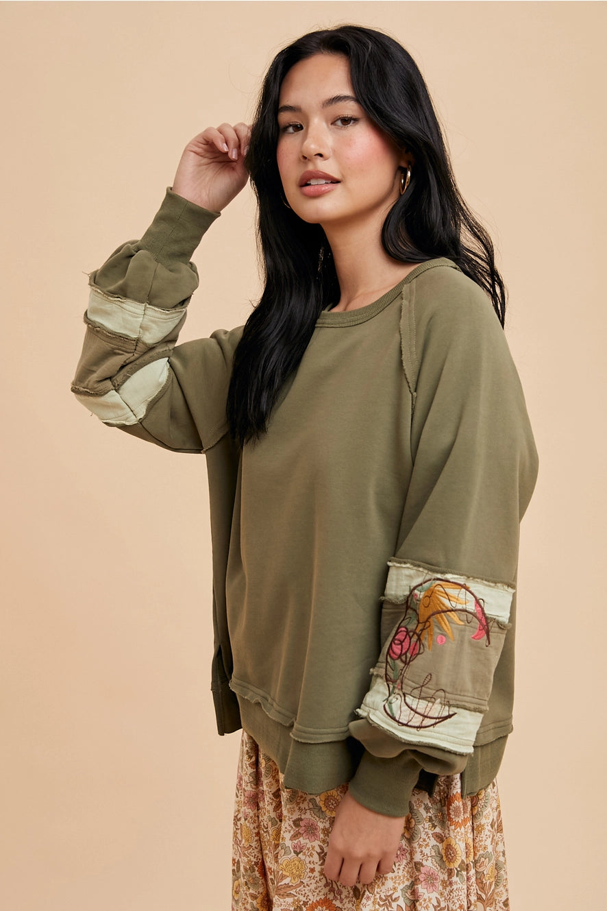 Garment Washed Embroidered Sleeve Pullover