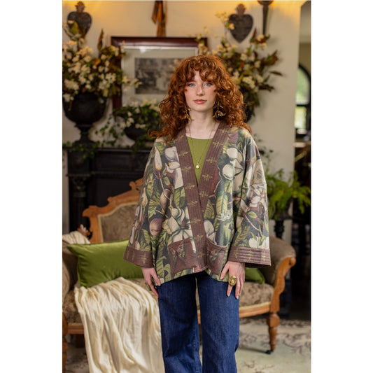 Fleur De Lune Fleece Cottage Cardigan Jacket w/ Floral Print