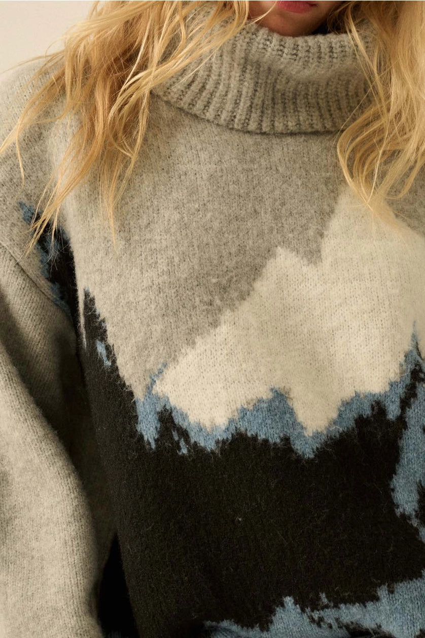 Mountains Fuzzy Jacquard-Knit Turtleneck Sweater
