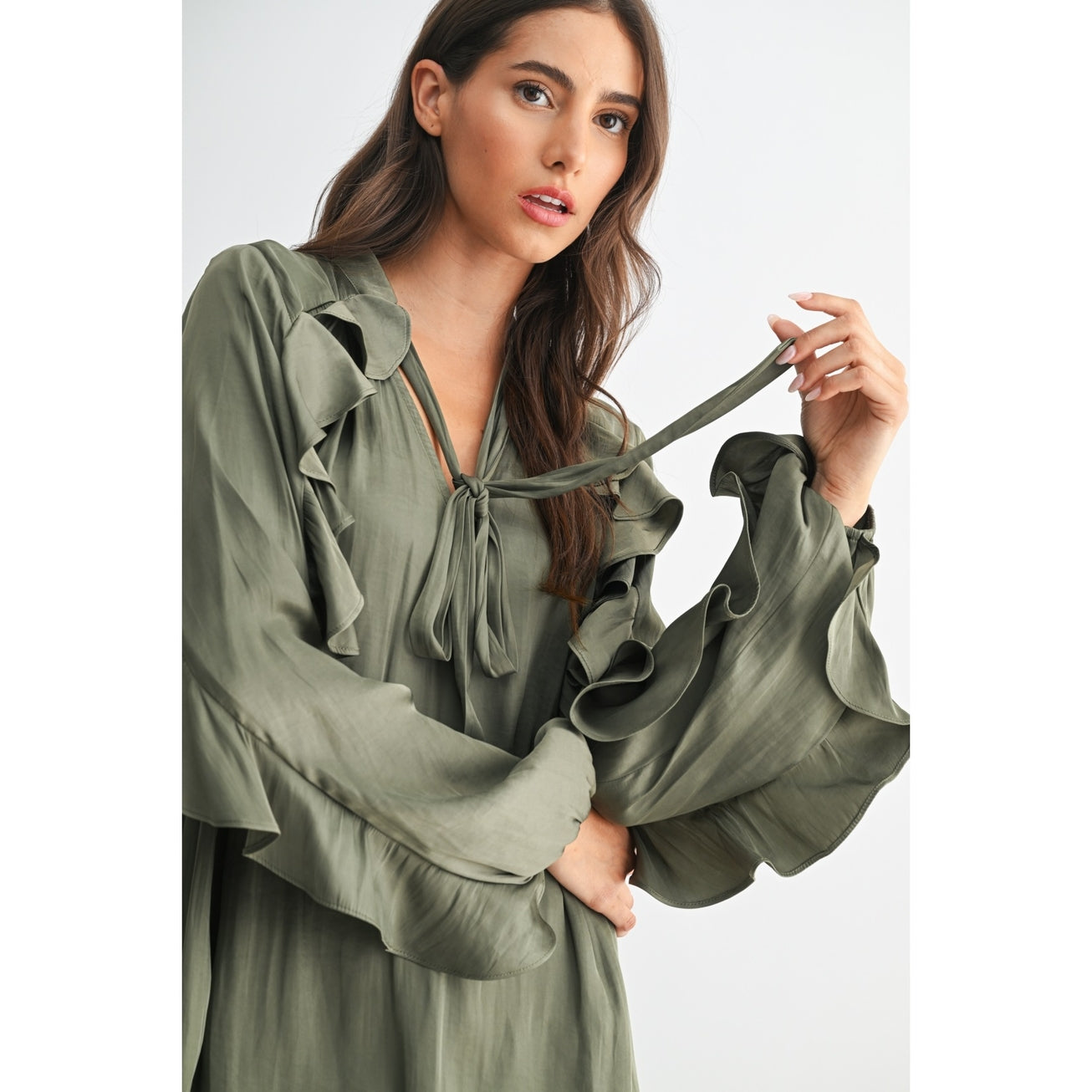 Exquisite Olive Ruffled Detail Blouse