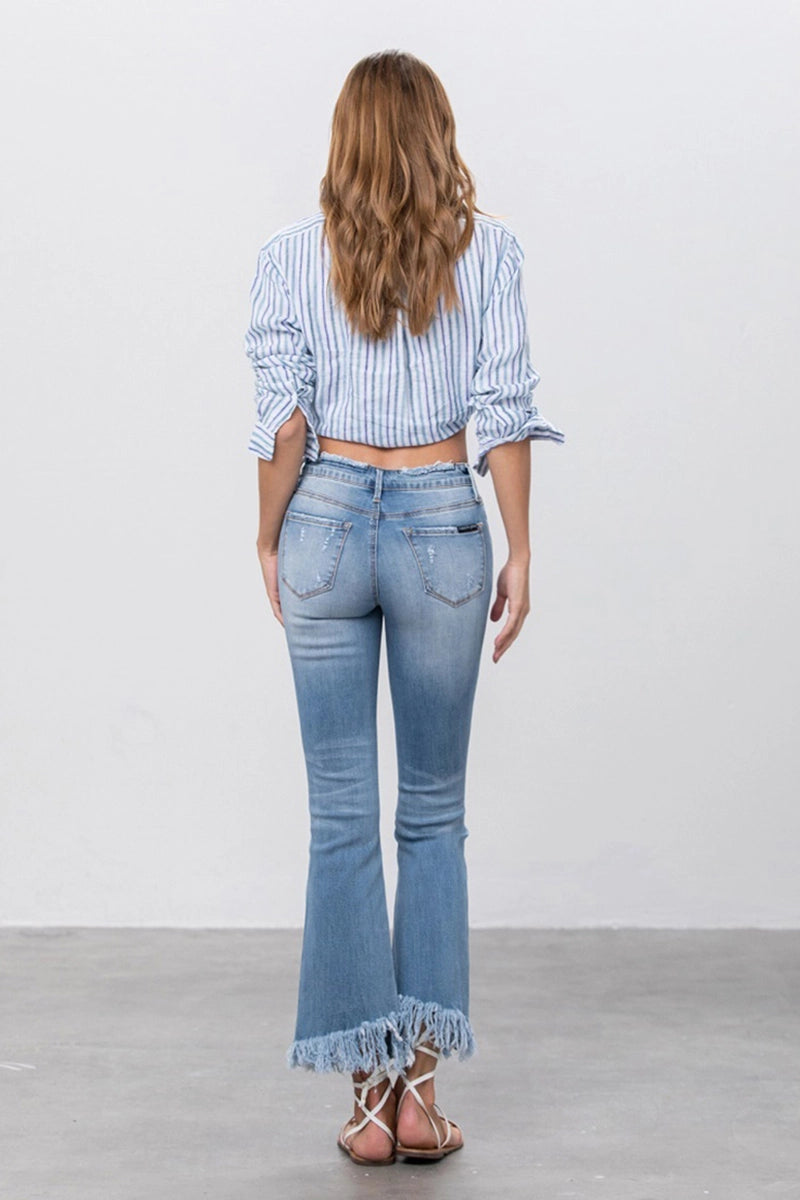 Insane Gene Mid Rise Long Bottom Frayed Crop Flare Jeans