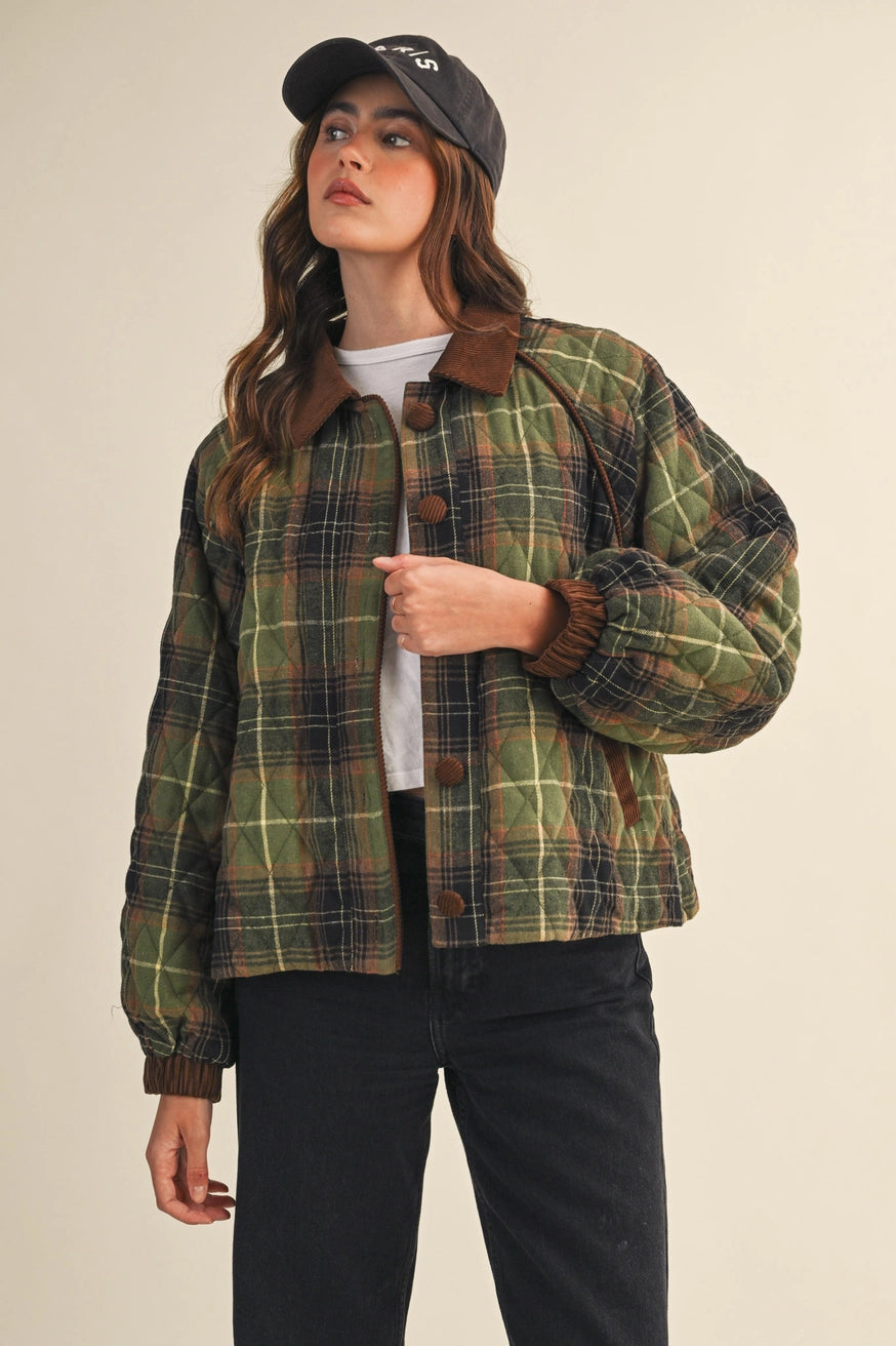 Plaid Quilted Jacket with Corduroy Detail