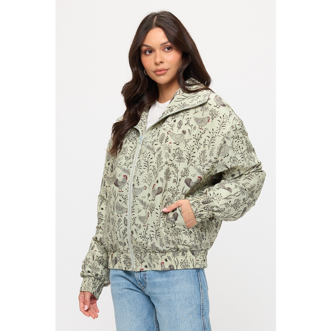 Rooster Floral Print Bomber Puffer Jacket
