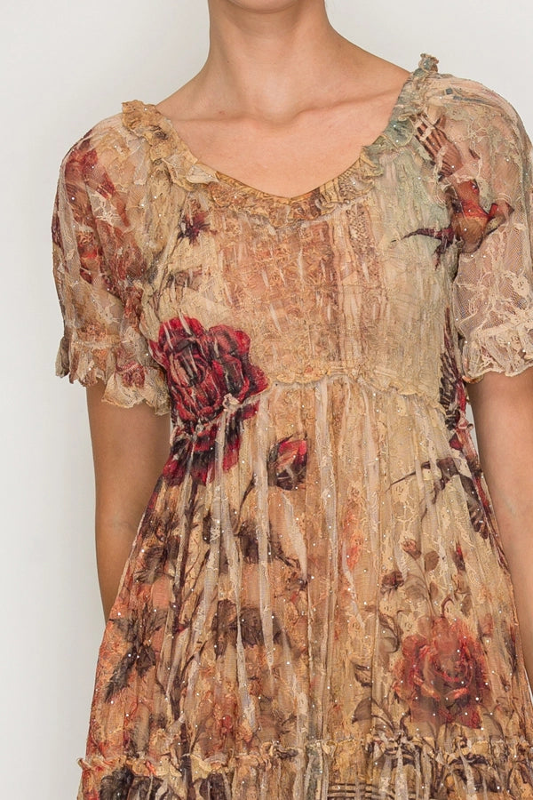 Ethereal Shimmer Lace Flutter Sleeve Dress