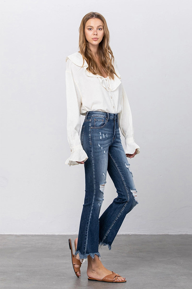 Insane Gene High Stretch Mid Rise Frayed Hem Distressed Crop Flare Jeans