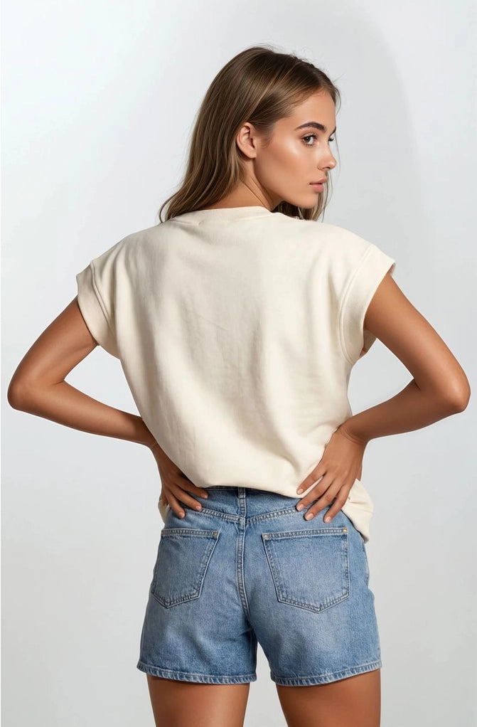 Floral Embroidery Print & Terry Mix Muscle Top