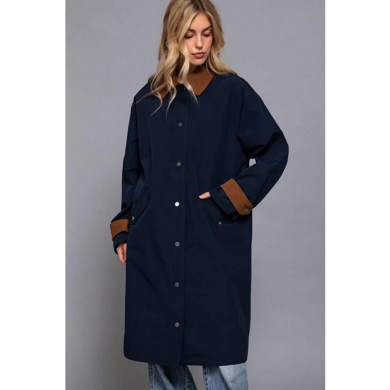 Navy Contrast Collar Button Down Long Trench Coat