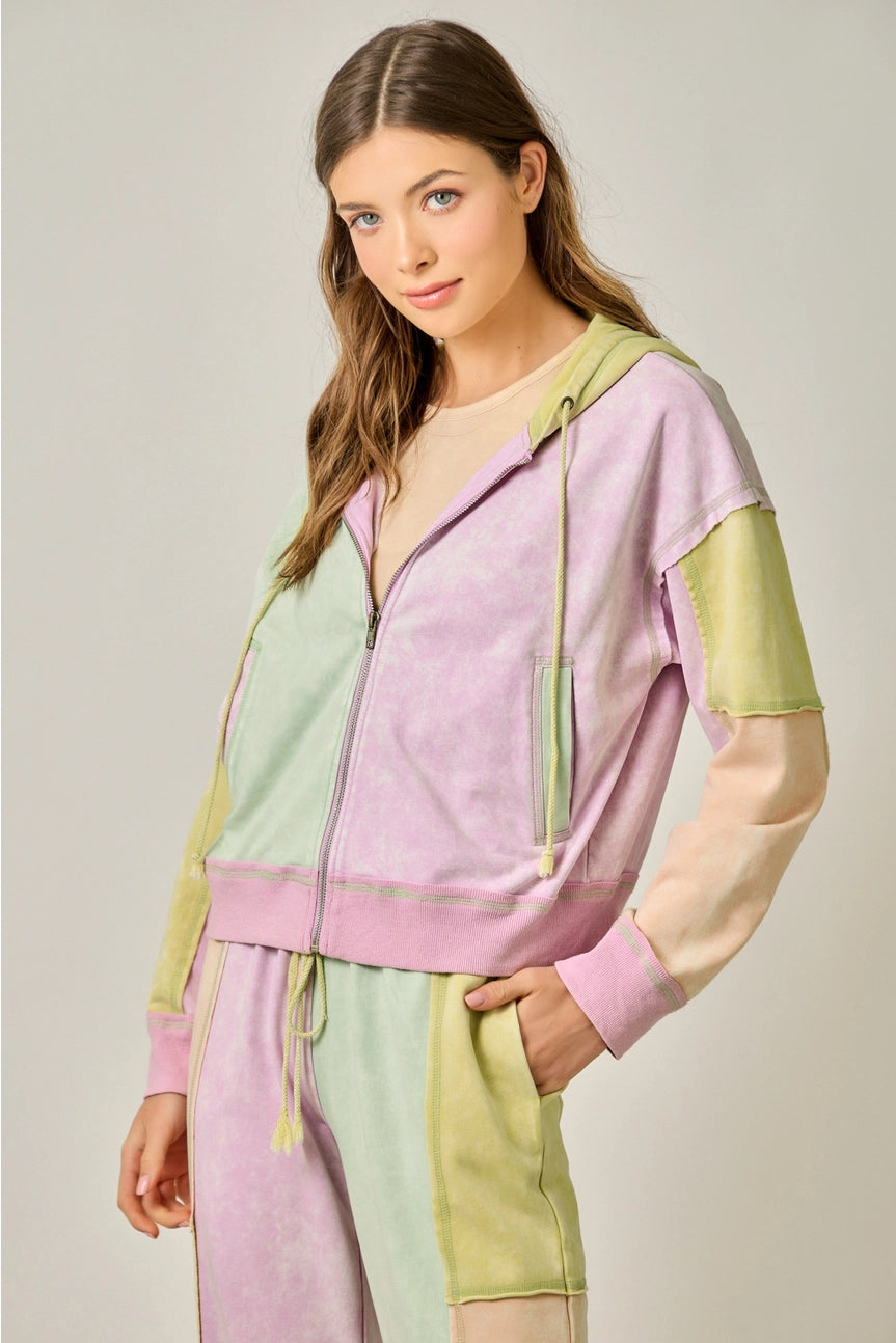 Pastel Garden Color Blocked Zip-Up Hoodie
