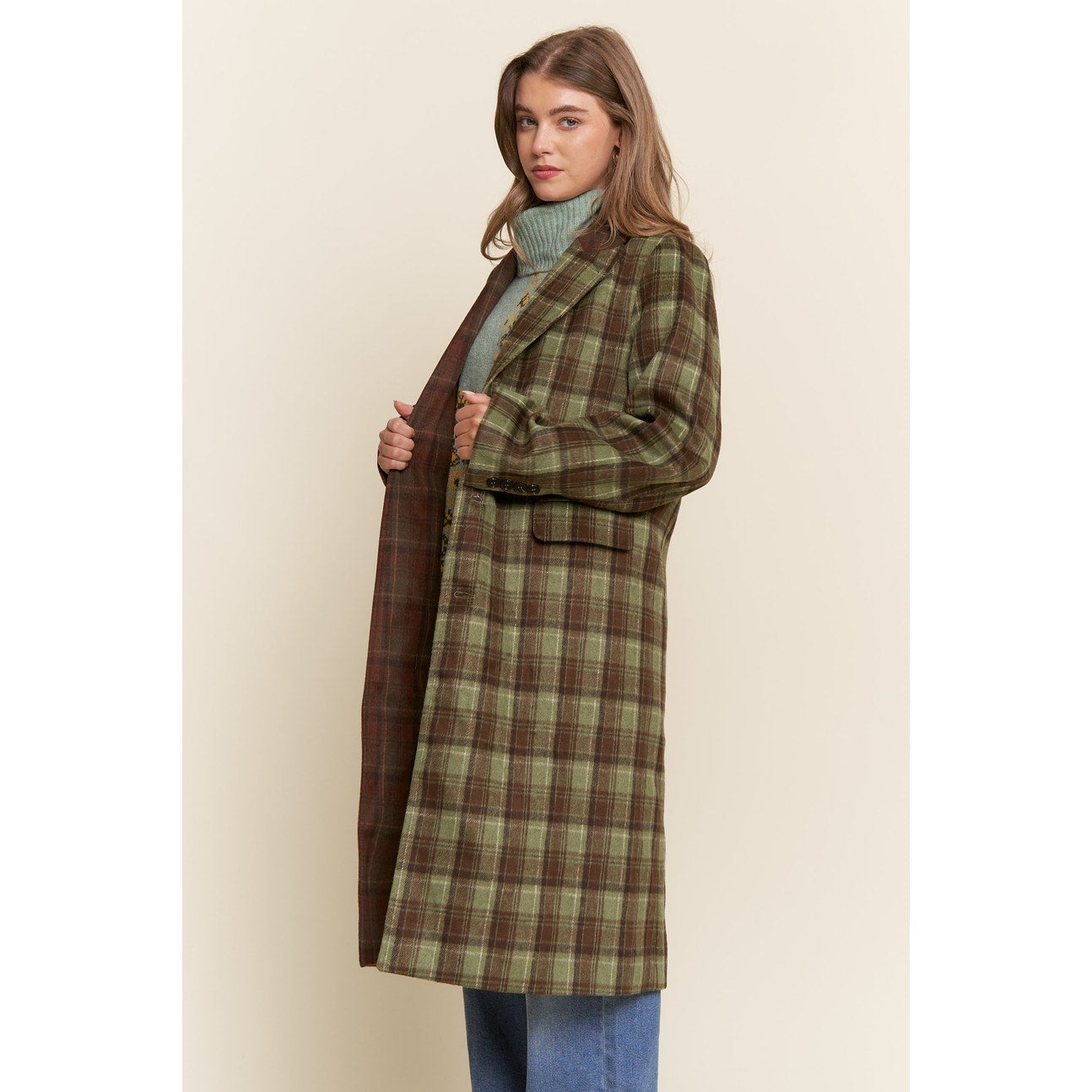Plaid Two-Tone Midi Length Coat
