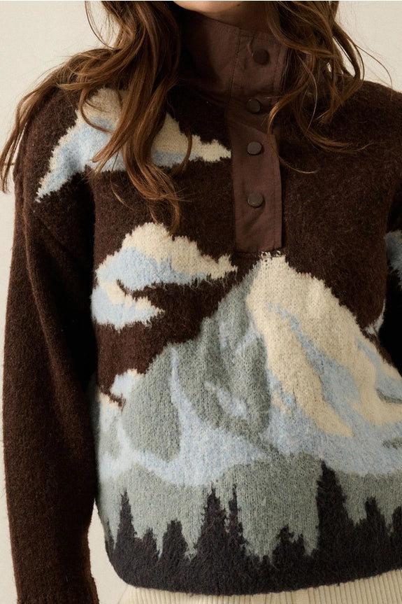 Chocolate Jacquard-Knit Landscape Quarter-Zip Pullover Sweater Jacket
