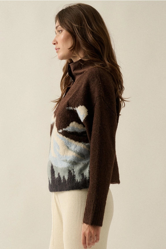Chocolate Jacquard-Knit Landscape Quarter-Zip Pullover Sweater Jacket