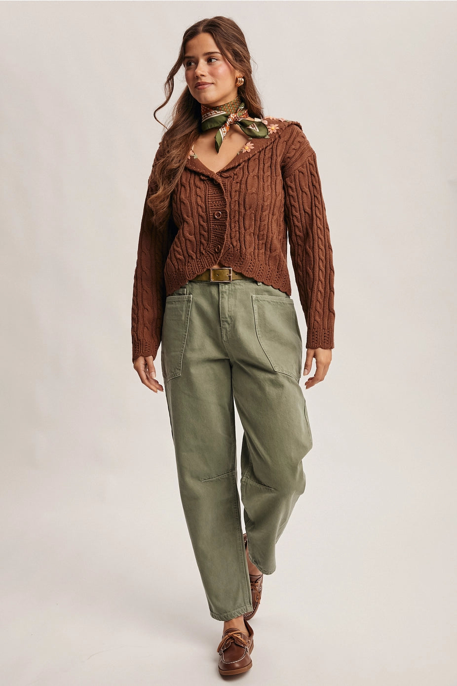 Mocha Cable Knit Embroidered Collar Cardigan