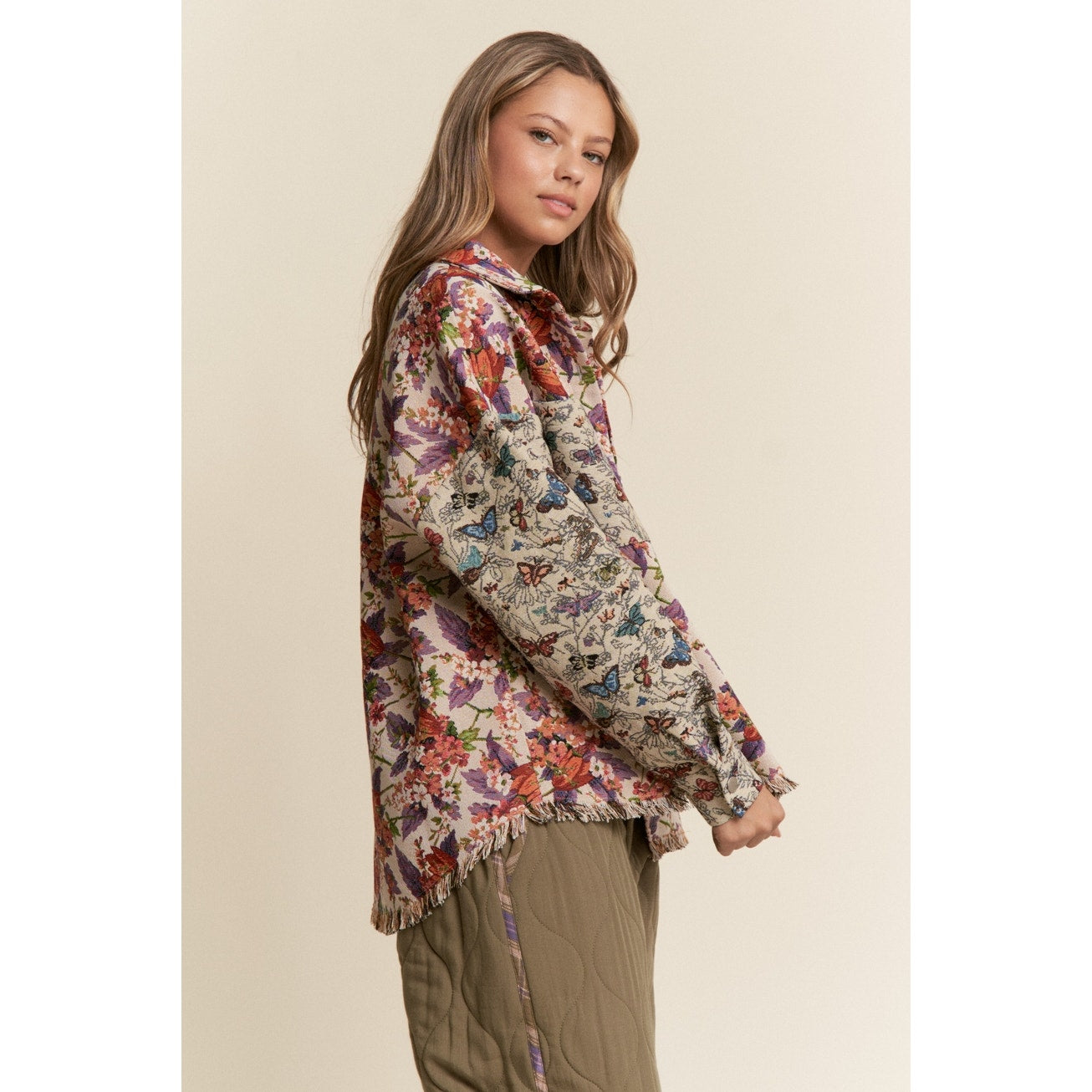 Violet Copper Butterfly and Floral Print Button Down Jacket