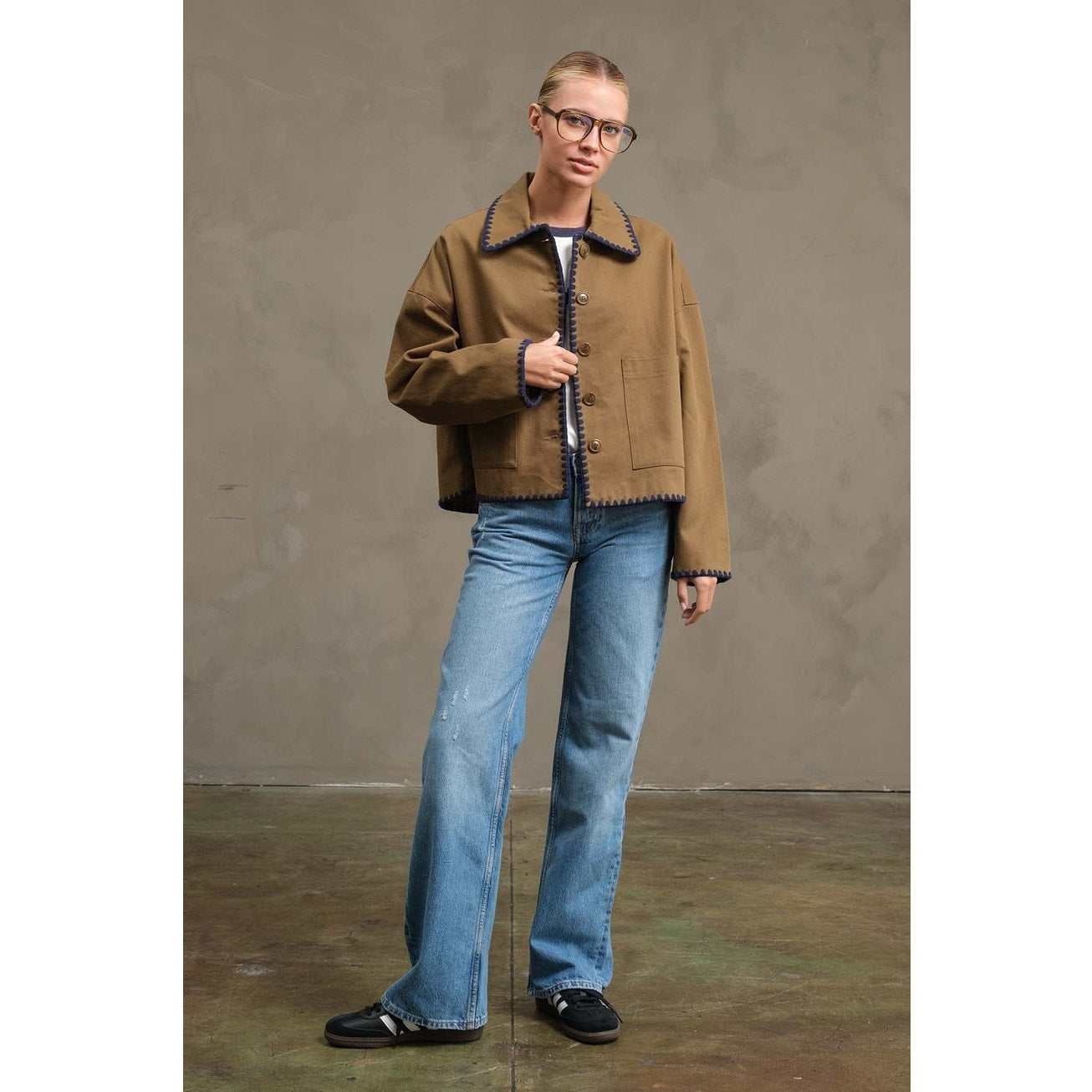 Olive Collar Jacket with Contrast Stitching