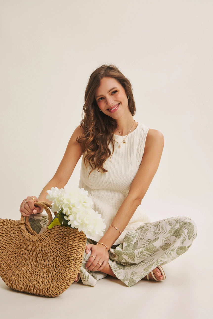 Dusty Sage Summer Days Tropical Palm Leaf Wide-Leg Woven Pants