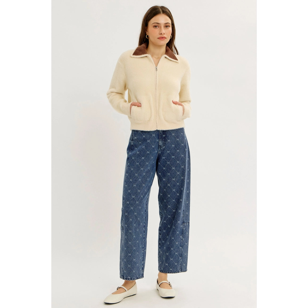 Washed Denim Barrel Pants in Bow-Textured Detail