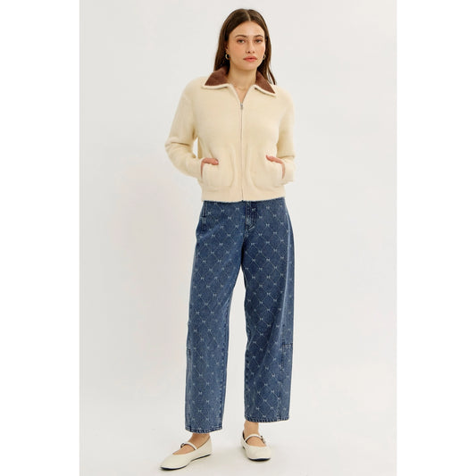 Washed Denim Barrel Pants in Bow-Textured Detail