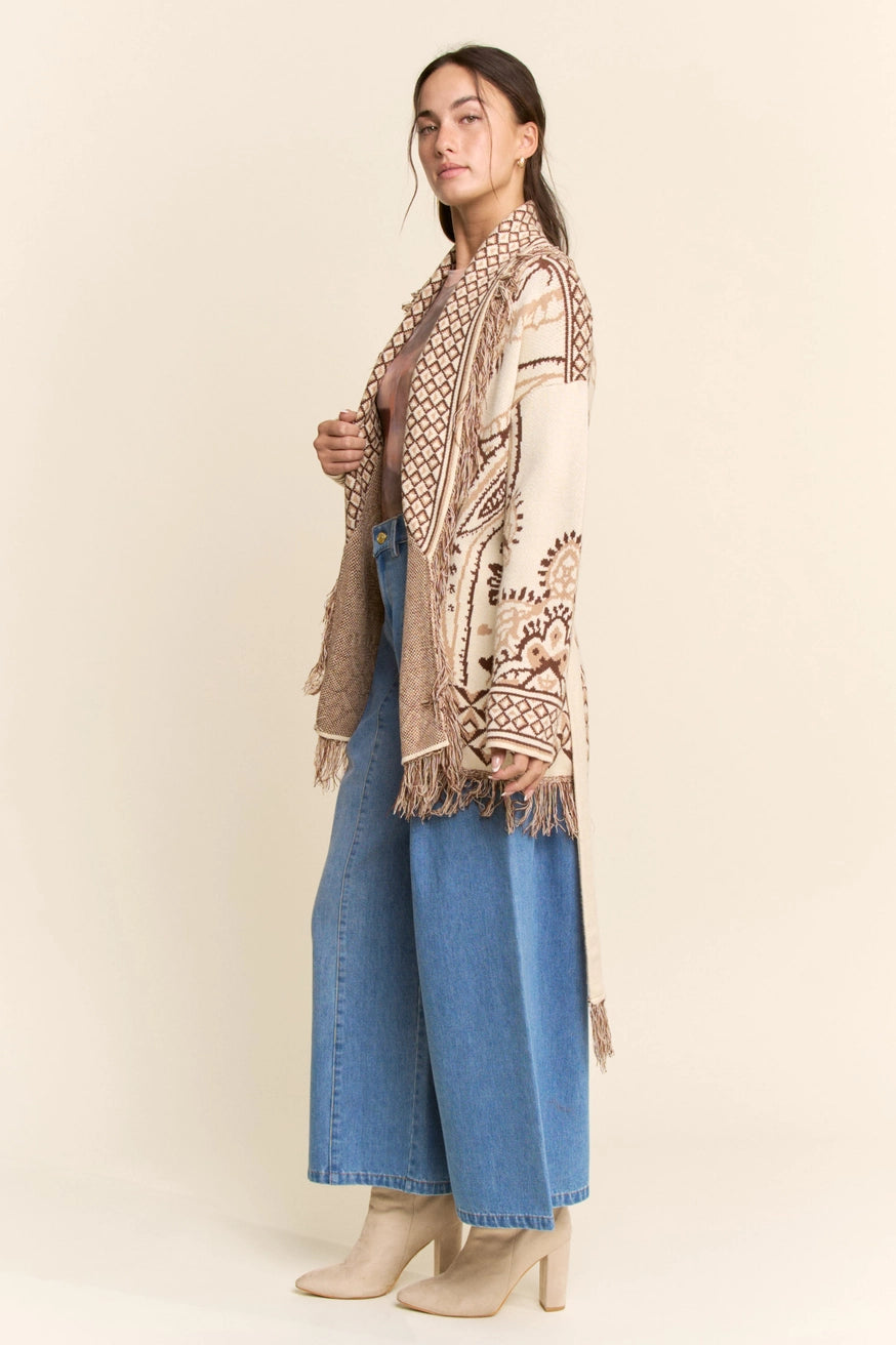 Fringe Trim Jacquard Knit Belted Cardigan