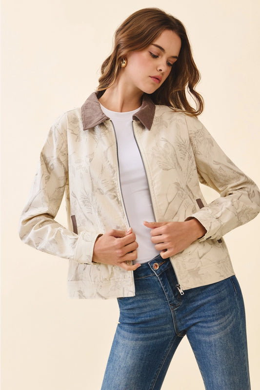 Floral Print Corduroy Detail Jacket
