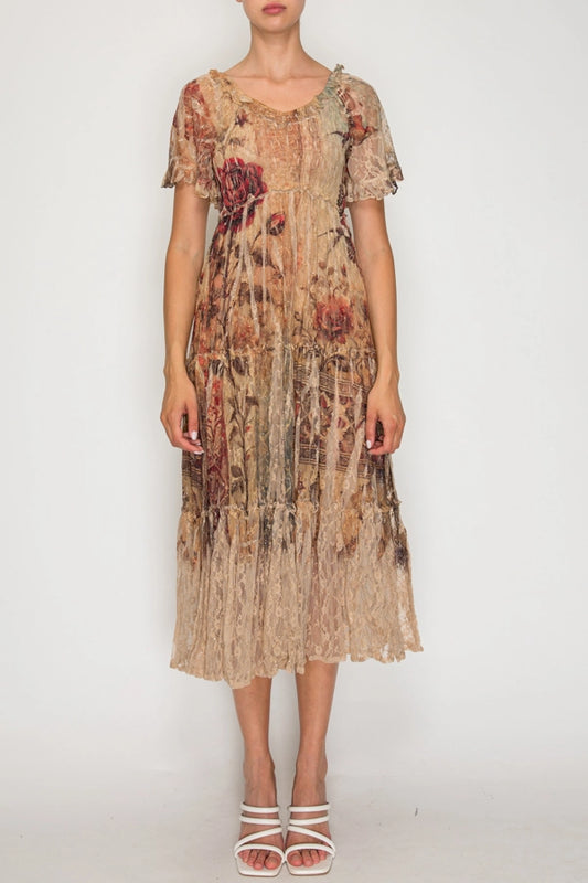 Ethereal Shimmer Lace Flutter Sleeve Dress