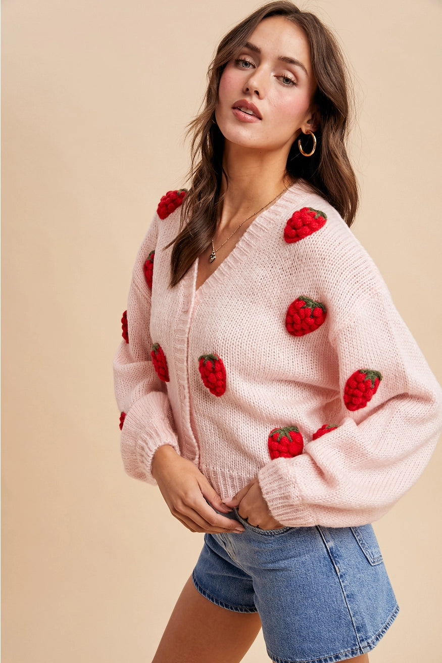 Knitted 3D Strawberry Cardigan