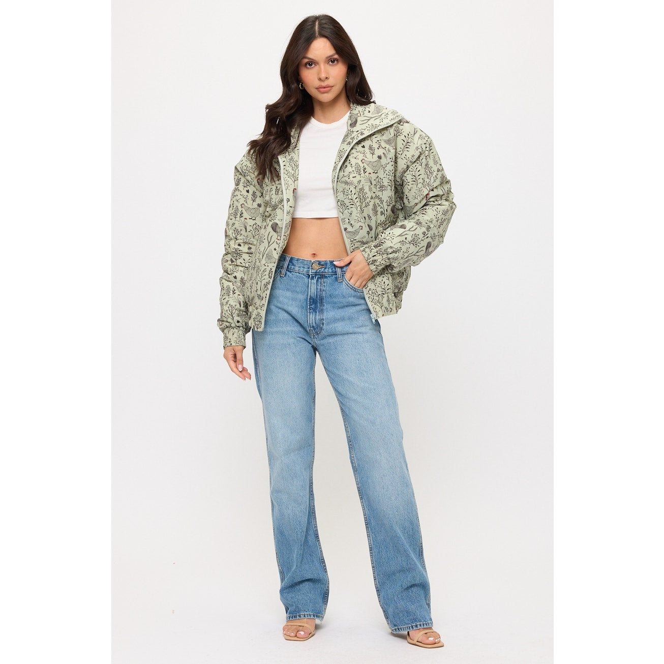 Rooster Floral Print Bomber Puffer Jacket