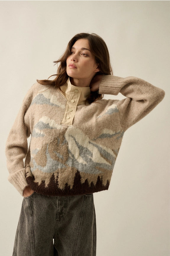 Oatmeal Jacquard-Knit Landscape Quarter-Zip Pullover Sweater Jacket