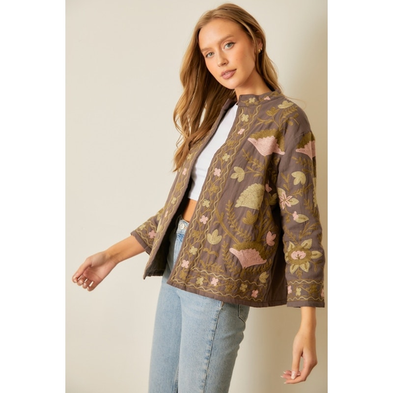 Charcoal Floral Printed Cotton Embroidered Jacket