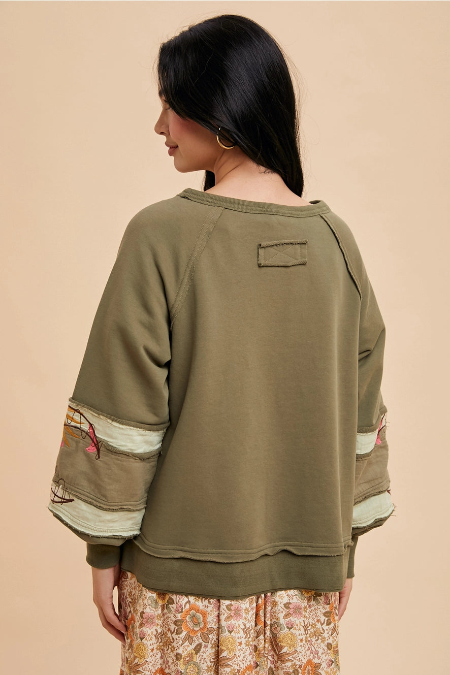 Garment Washed Embroidered Sleeve Pullover