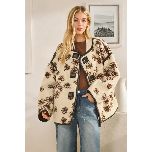 Oversized Floral Front Button Metal Clasp Jacket