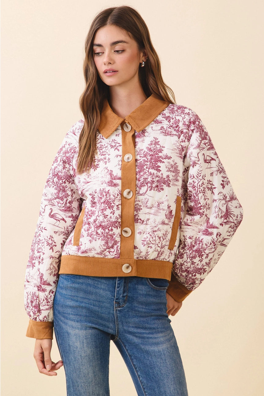 Toile Print Oversized Button Bomber Jacket