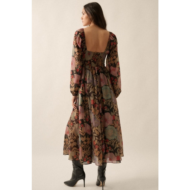 Midnight Ribbed Floral Smocked Button Peasant Maxi Dress