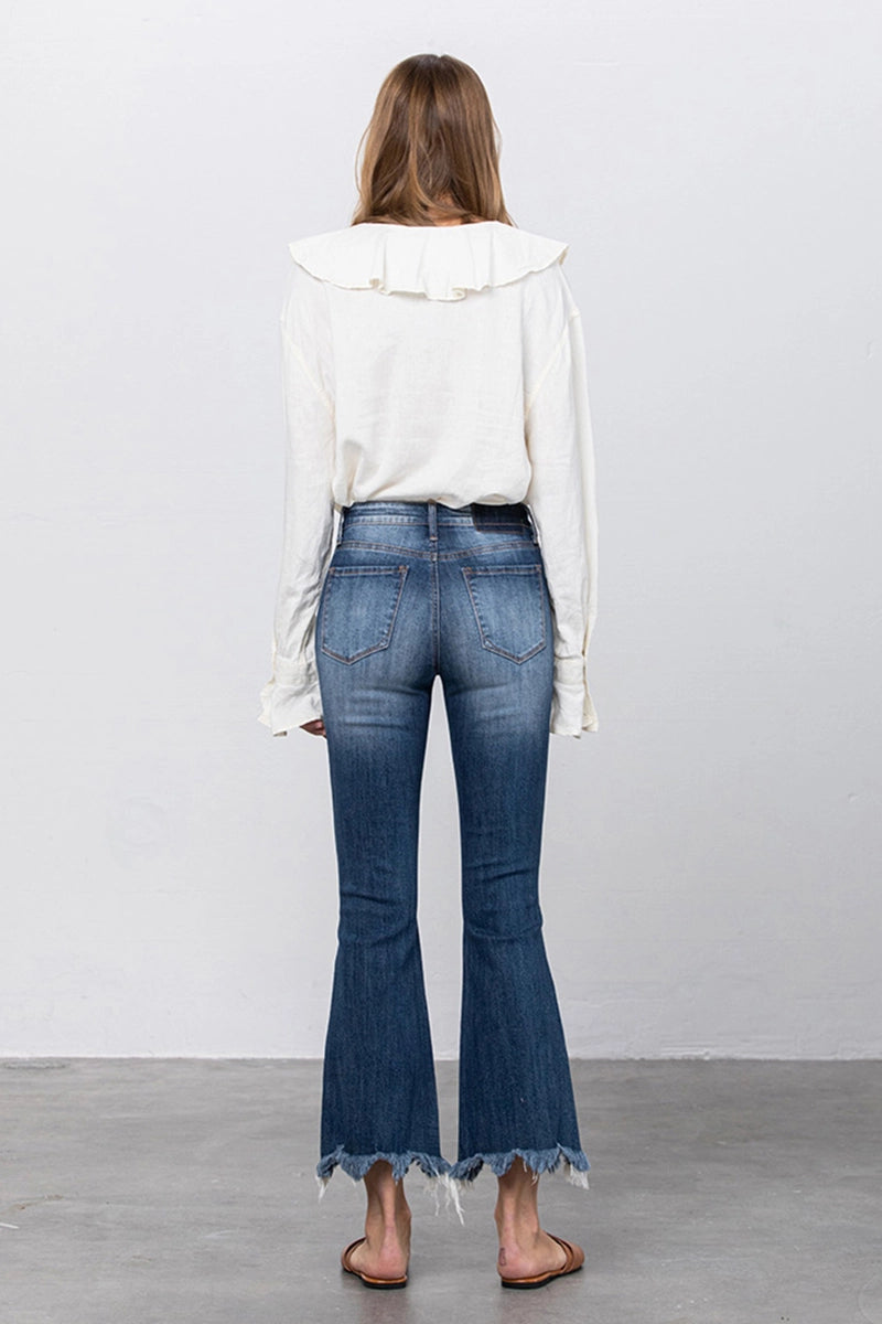 Insane Gene High Stretch Mid Rise Frayed Hem Distressed Crop Flare Jeans