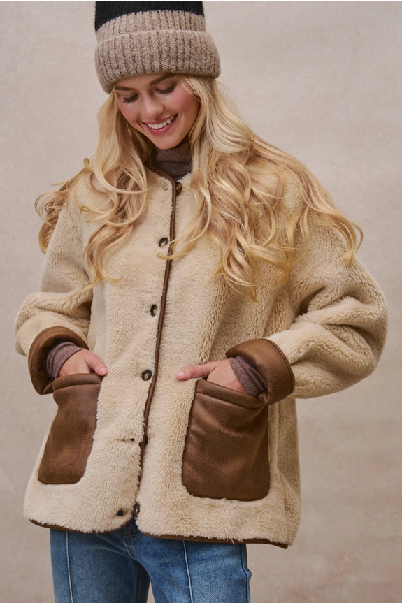 Faux Shearling Jacket with Suede Pockets