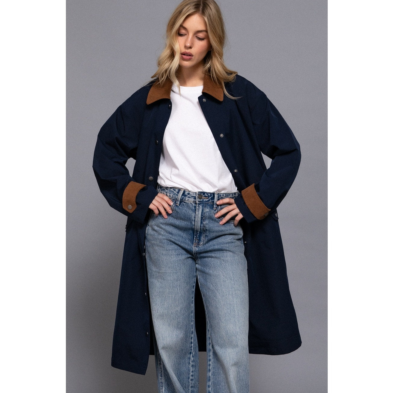 Navy Contrast Collar Button Down Long Trench Coat