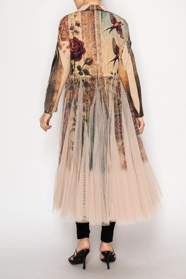 Vintage Bird Longline Blazer Jacket with Mesh Tulle Panel