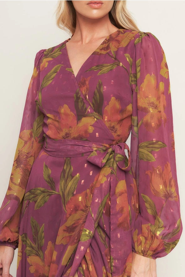 Dark Mauve Textured Floral Wrap Maxi Dress