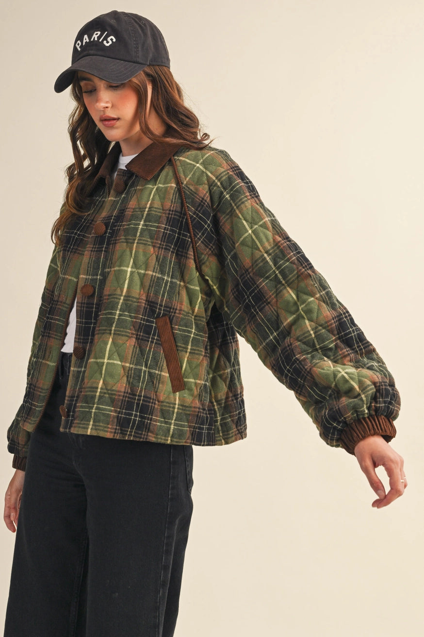 Plaid Quilted Jacket with Corduroy Detail