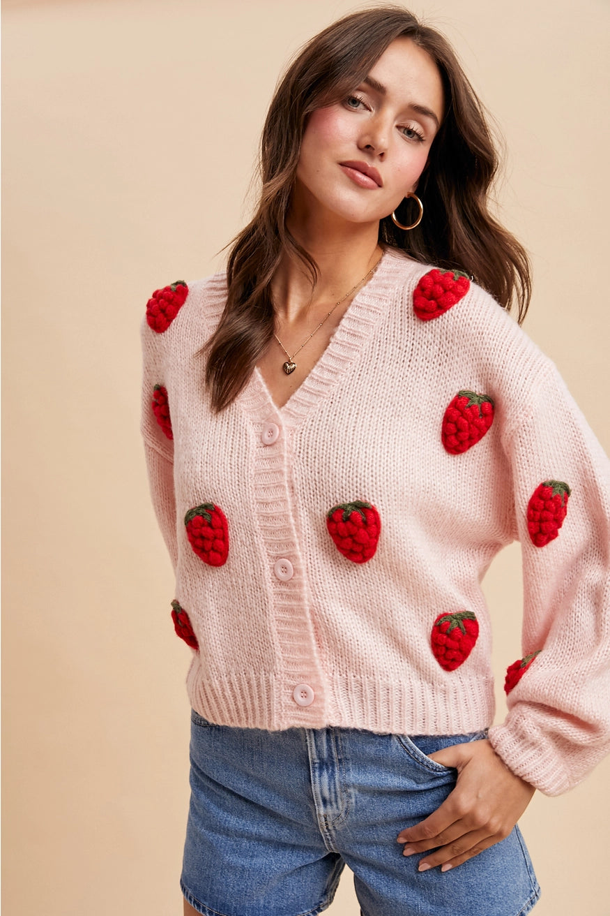 Knitted 3D Strawberry Cardigan