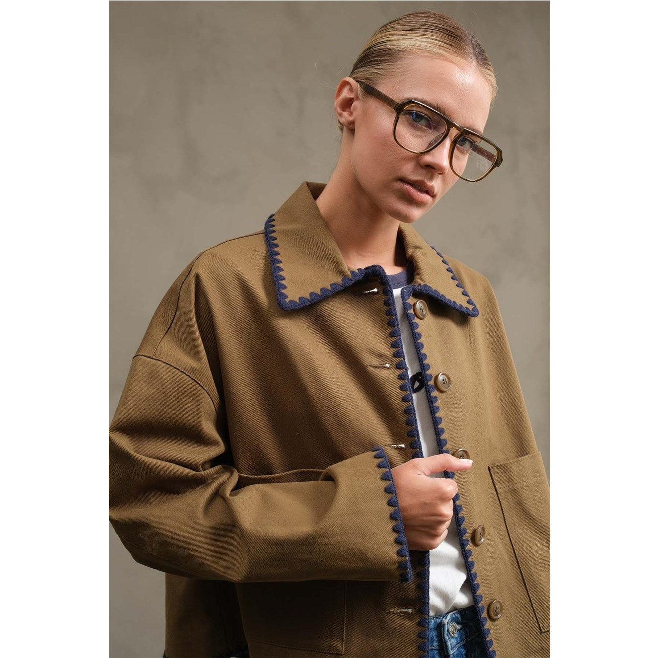 Olive Collar Jacket with Contrast Stitching