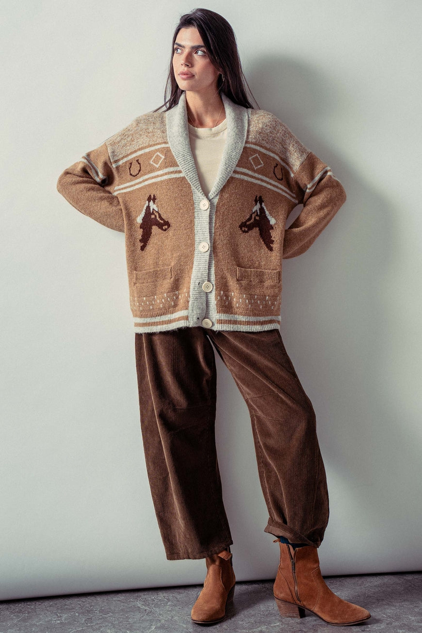 Horse Motif Shawl Collar Cardigan