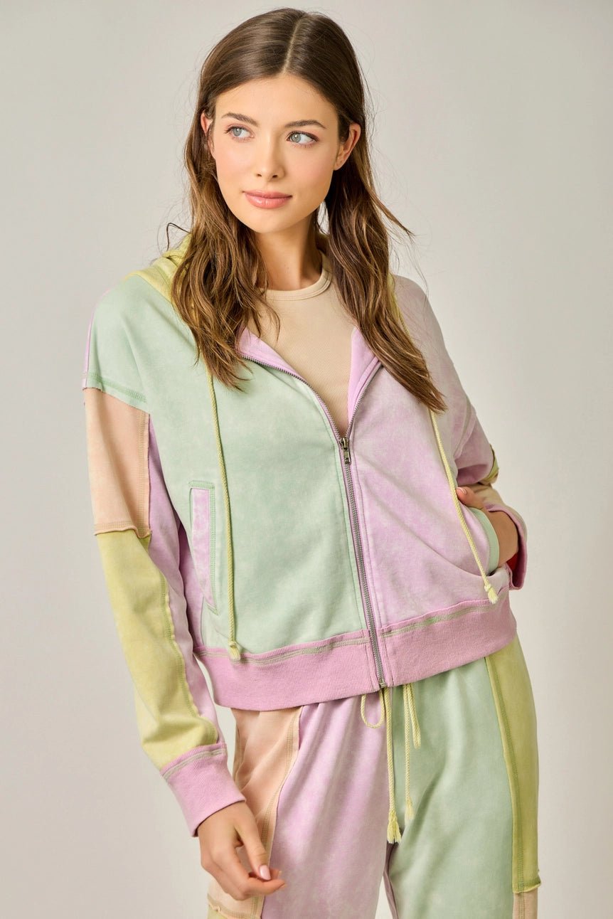 Pastel Garden Color Blocked Zip-Up Hoodie