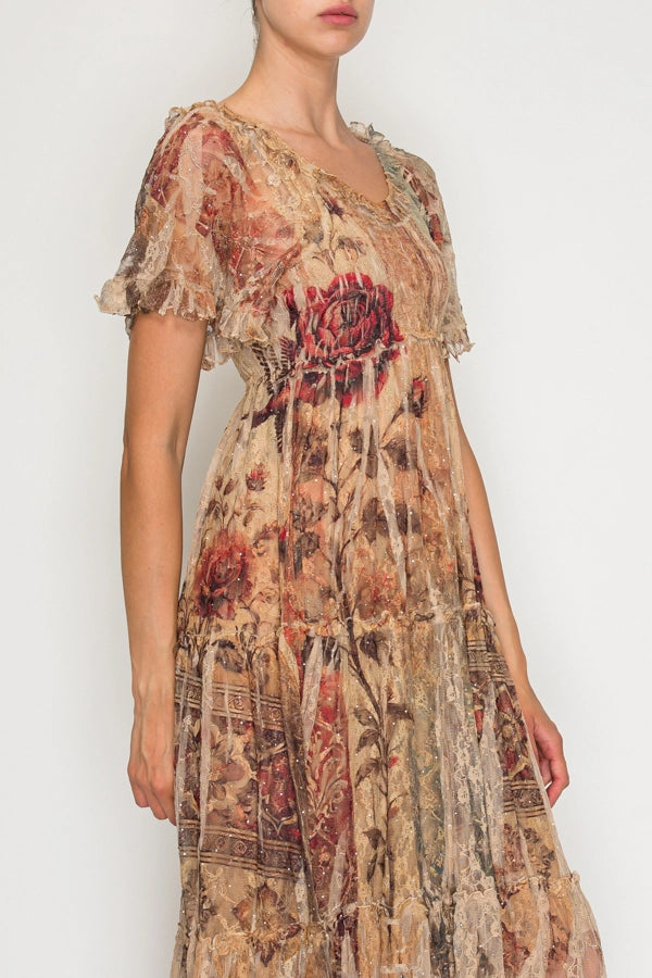 Ethereal Shimmer Lace Flutter Sleeve Dress