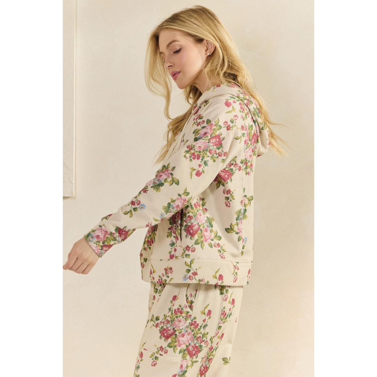 Beige Floral Printed French Terry Hoodie